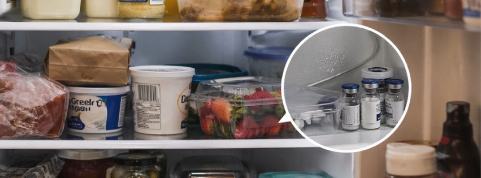 A typical kitchen fridge where peptides are stored beside food